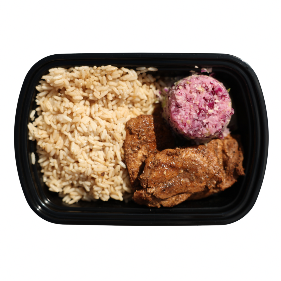 1. Jerk Chicken + Rice + Coleslaw