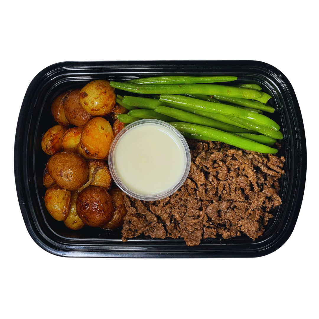 2. Beef Shawarma + Roasted Potatoes + Green Beans + Tahini