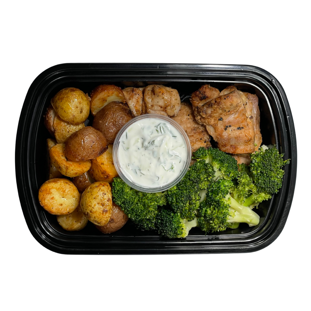 1. Chicken Souvlaki + Rice + Olives & Feta Salad