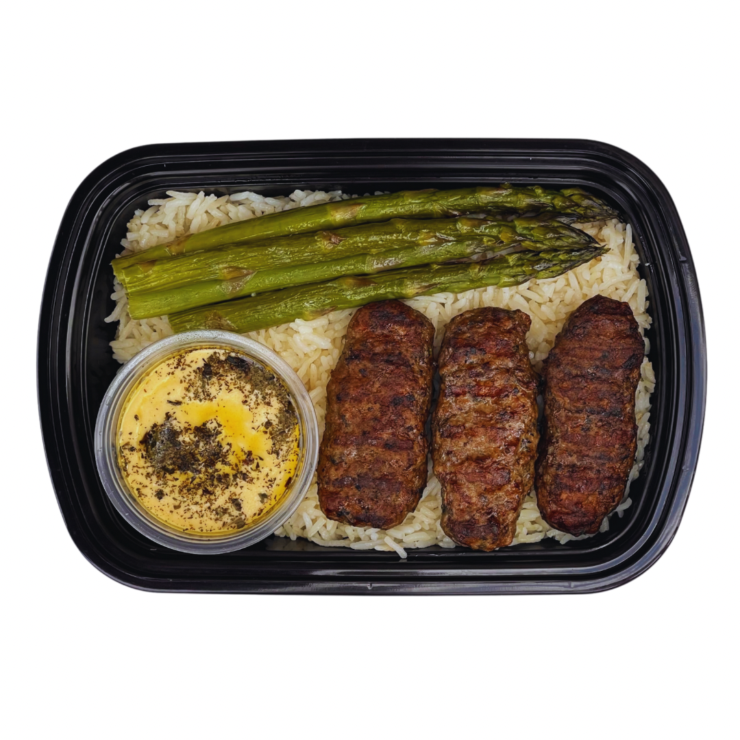 2. Beef Kafta + Rice + Asparagus + Hummus