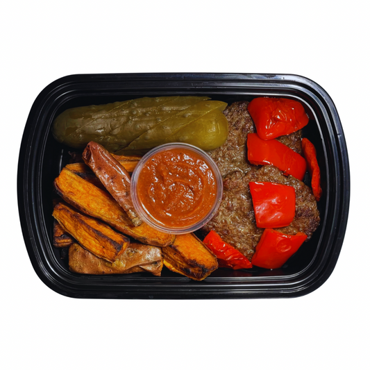 2. Beef Burgers + Potato Wedges + Pickles & Zucchini + Date Ketchup