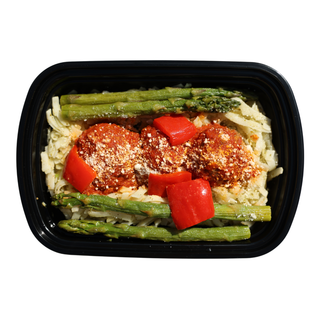 2. Beef Meatballs + Marinara Pasta + Asparagus & Parmesan
