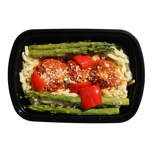 2. Beef Meatballs + Marinara Pasta + Asparagus & Parmesan