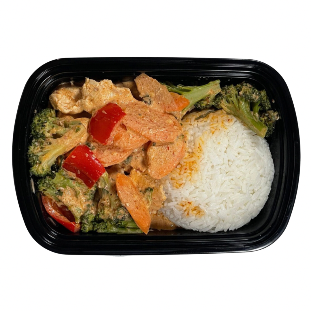 1. Coconut Panang Chicken + Coconut Rice + Carrots & Broccoli