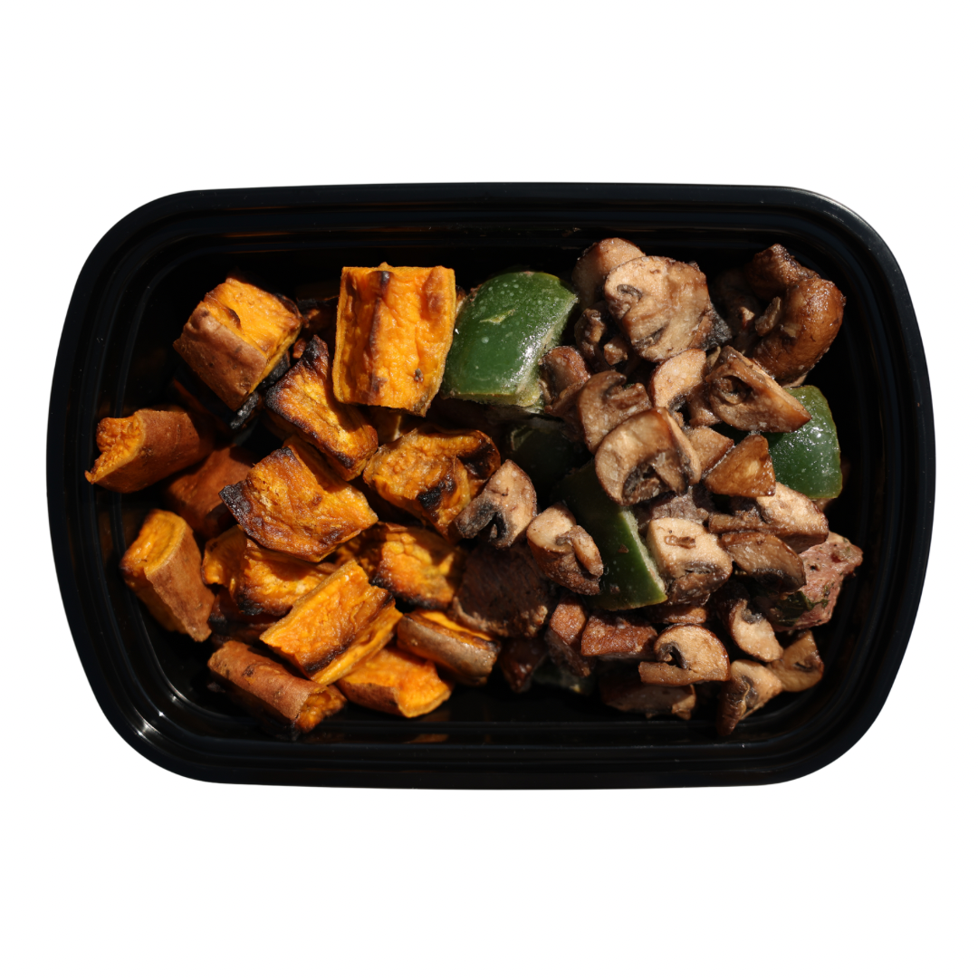 2. Beef Skewers + Roasted Sweet Potatoes + Grilled Peppers & Cauliflower + Tzatziki