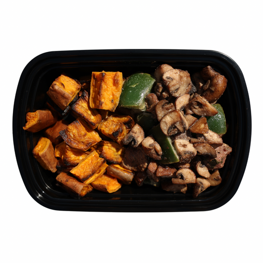 2. Beef Skewers + Roasted Sweet Potatoes + Grilled Peppers & Cauliflower + Tzatziki
