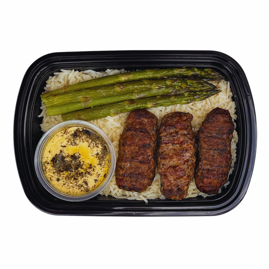 2. Beef Kafta + Rice + Asparagus + Hummus